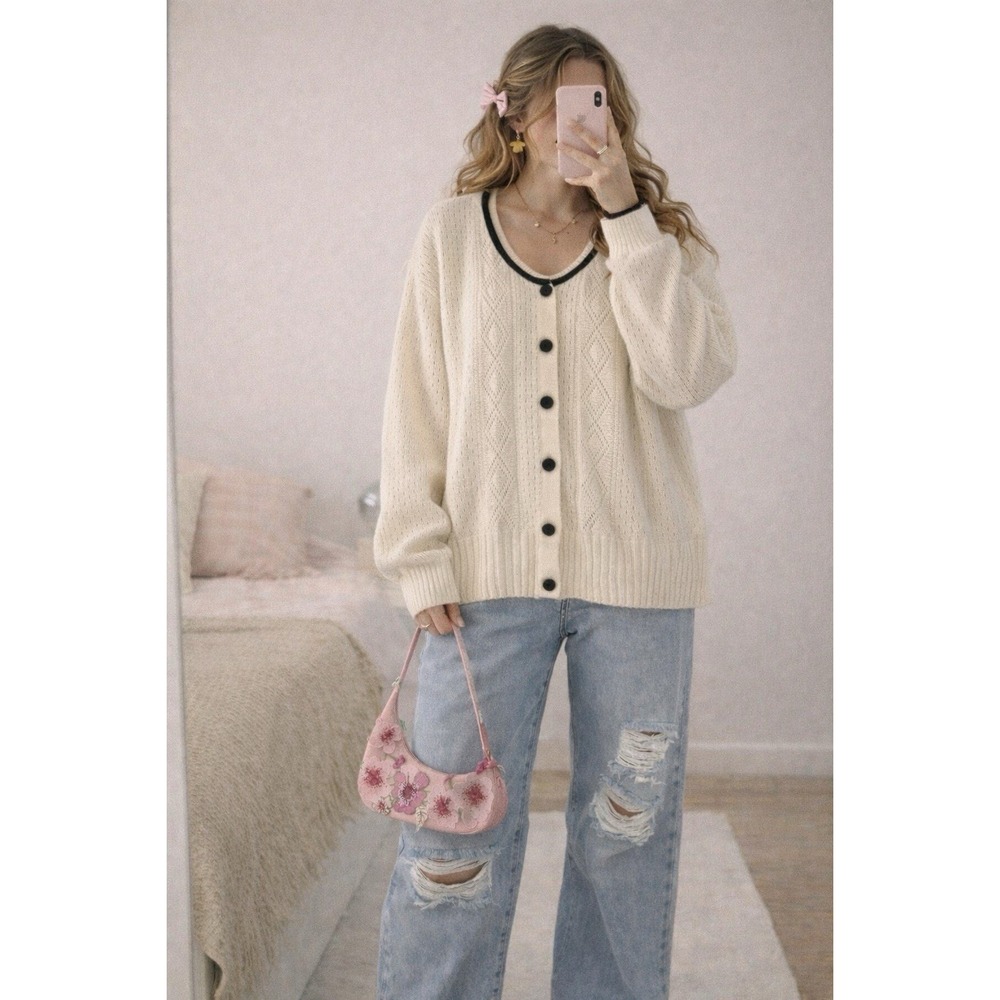 Villager Liz Claiborne Cream Knit Cardigan 100% Cotton Black Trim Size‎ 3 Cozy